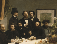 Le tableau Un coin de table (Henri Fantin-Latour, Paris, Musée d'Orsay, 1872) représente une réunion de poètes parnassiens, avant que Verlaine, représenté en bas à gauche, ne quitte le groupe. Wikipedia.